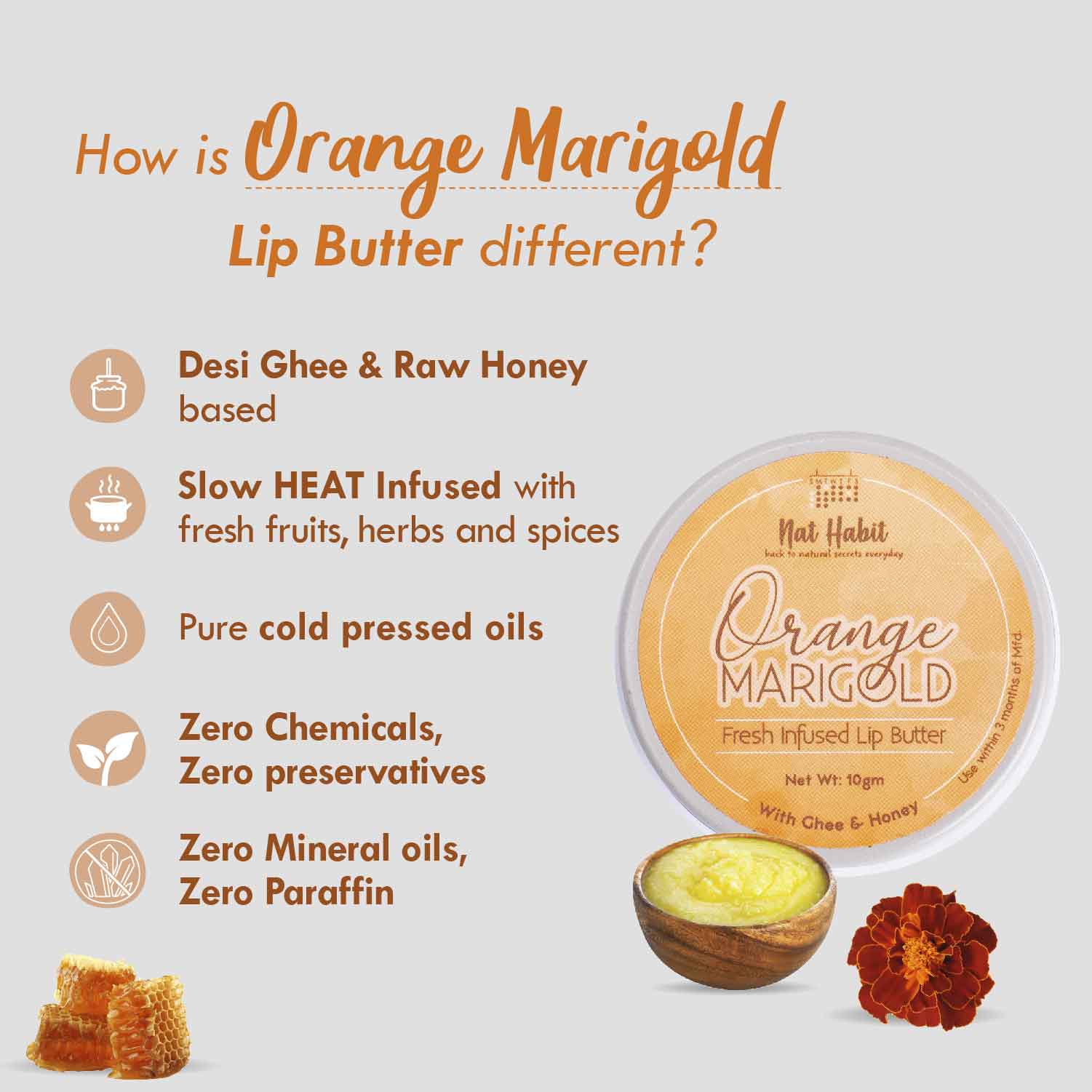 Nat Habit Desi Ghee & Honey Lip Balm, Orange Marigold Lip Butter For Lip Pigmentation & Chapped Lips