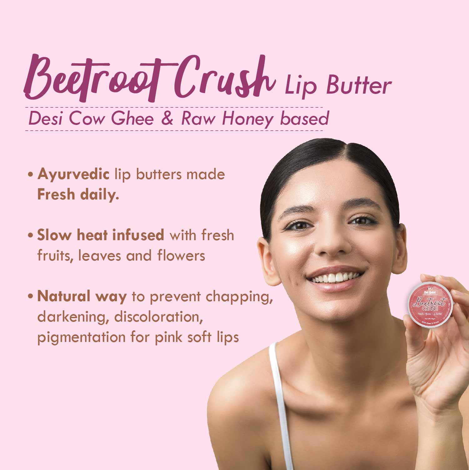 Nat Habit Desi Ghee & Honey Lip Balm- Beetroot Crush Lip Butter For Natural Pink Lips & Chapped Lips