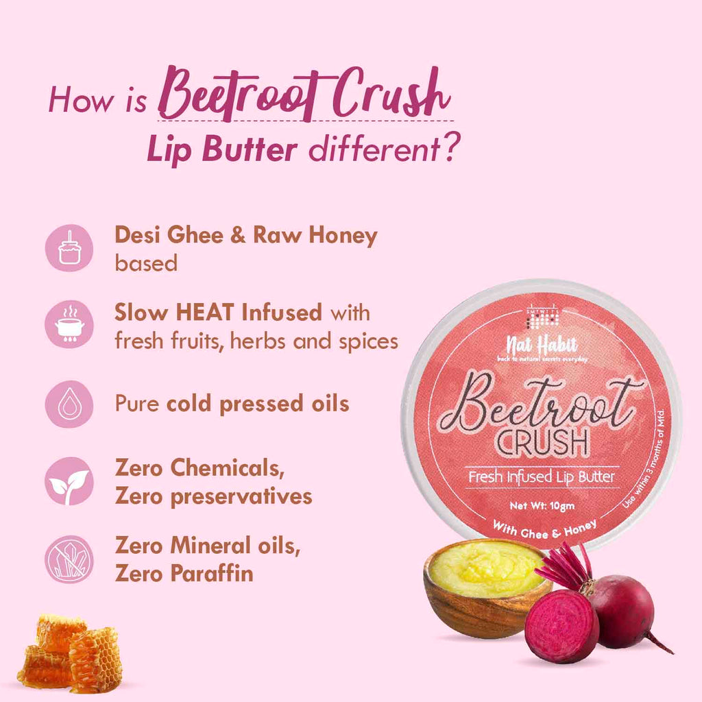 Nat Habit Desi Ghee & Honey Lip Balm- Beetroot Crush Lip Butter For Natural Pink Lips & Chapped Lips