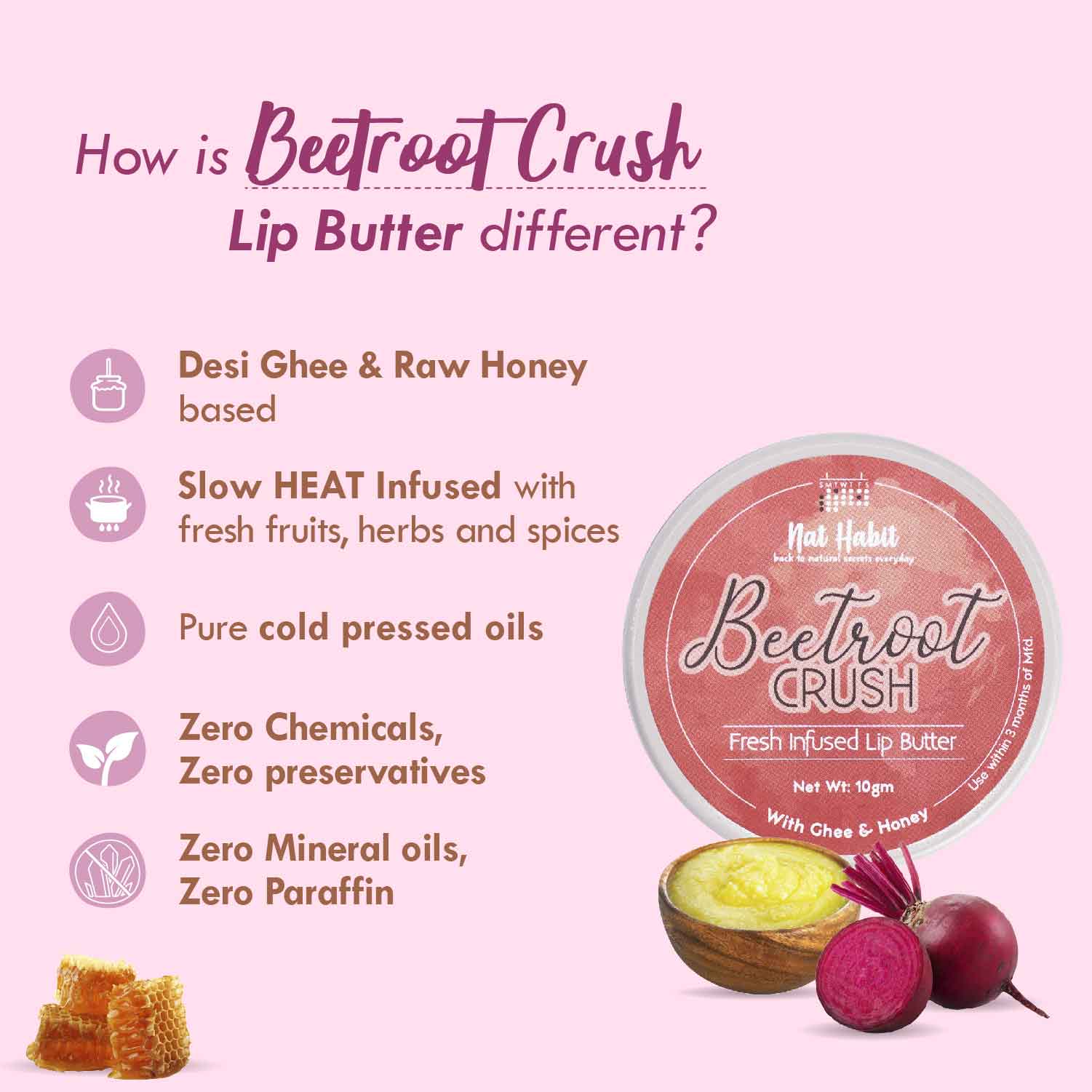 Nat Habit Desi Ghee & Honey Lip Balm- Beetroot Crush Lip Butter For Natural Pink Lips & Chapped Lips