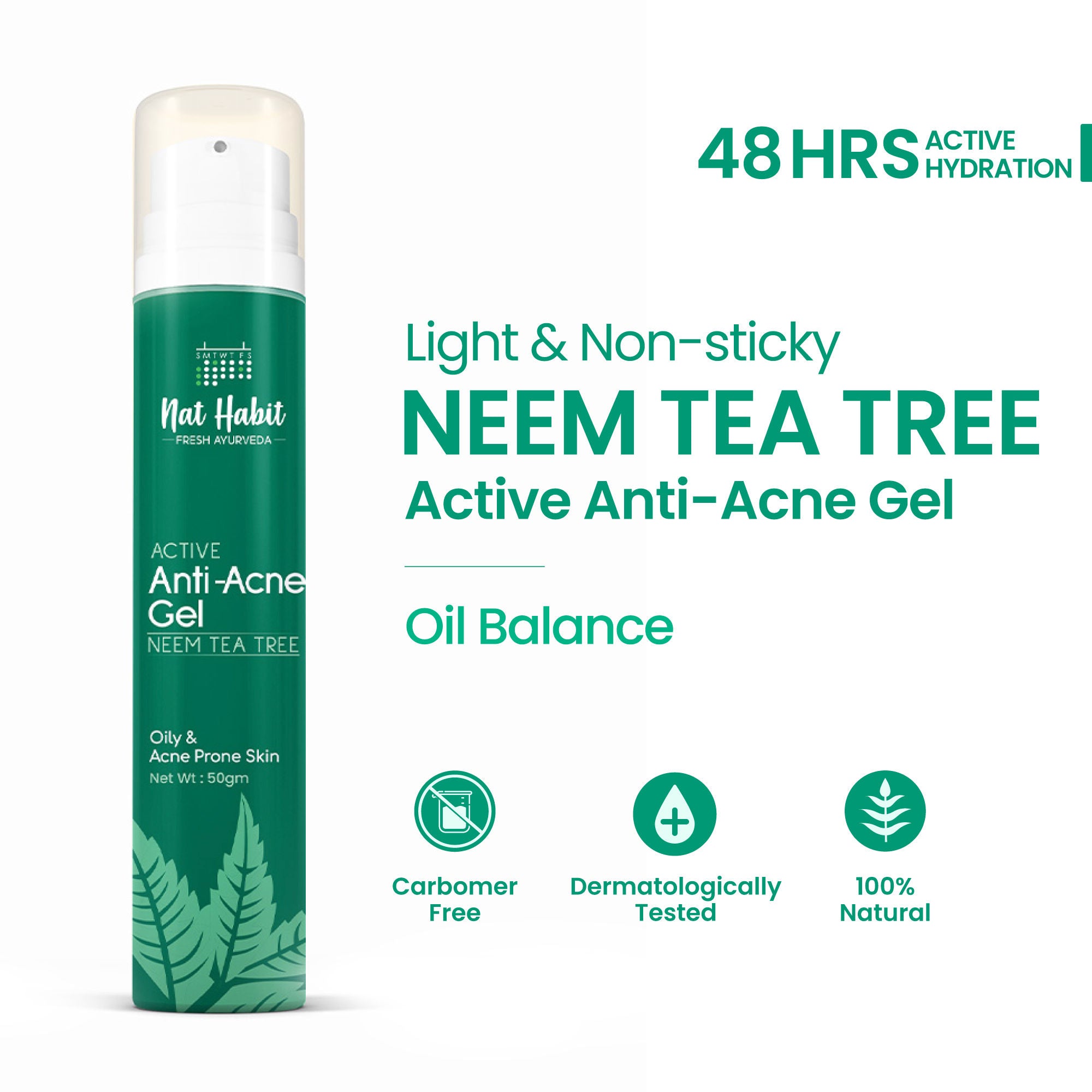 Nat Habit Active Anti Acne Neem Tea Tree Face Gel Moisturiser For Oily & Acne Prone Skin