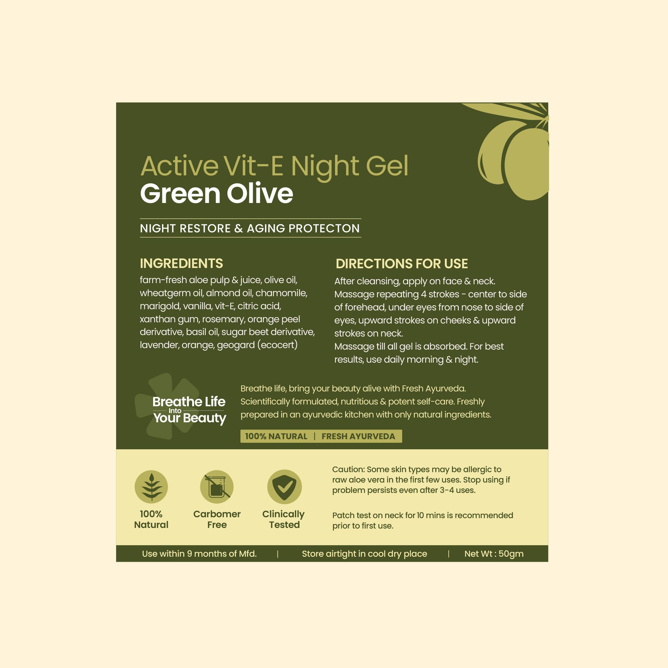 Nat Habit Active Olive Night Vitamin E Face Gel Moisturiser For Anti-Aging & Collagen Boost