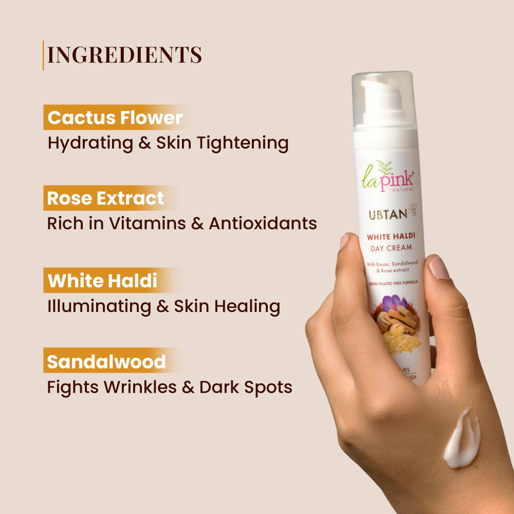 La Pink Ubtan Day Cream Spf 15 With Saffron For Glowing Skin & Tan Removal, Oil-Free Cream
