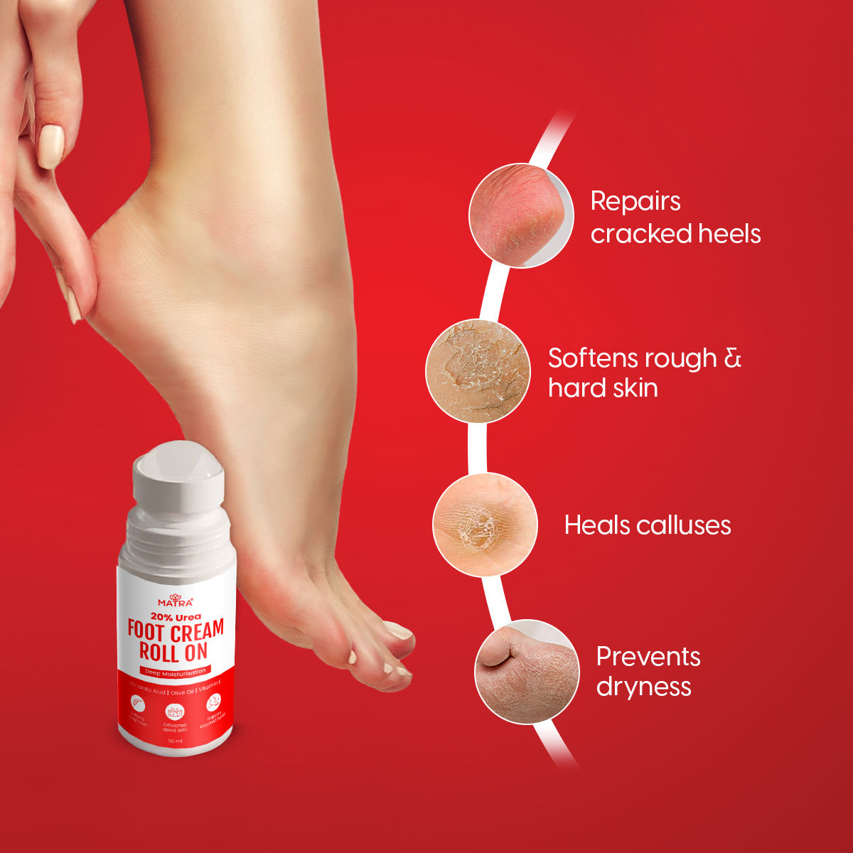 Matra 20% Urea Foot Cream Roll On For Cracked Heels & Dry Feet With Lactic Acid - Softens & Repairs