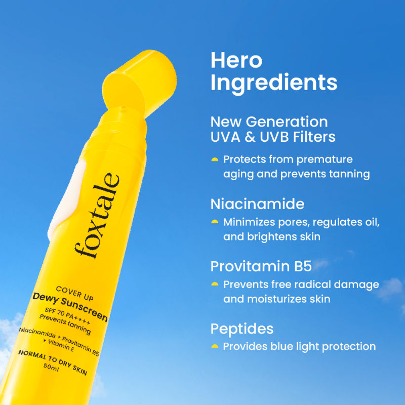 Foxtale Dewy Sunscreen SPF 70 PA++++ With Niacinamide + Provitamin B5 + Vitamin E