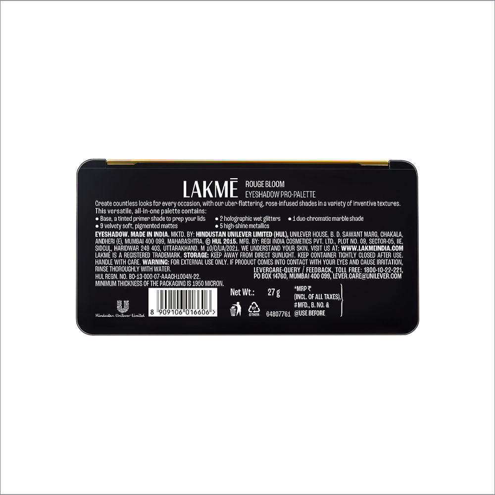 Lakme Rouge Bloom Eyeshadow Pro-Palette, 18 Shades For Infinite Looks, Infused With Rose Oil