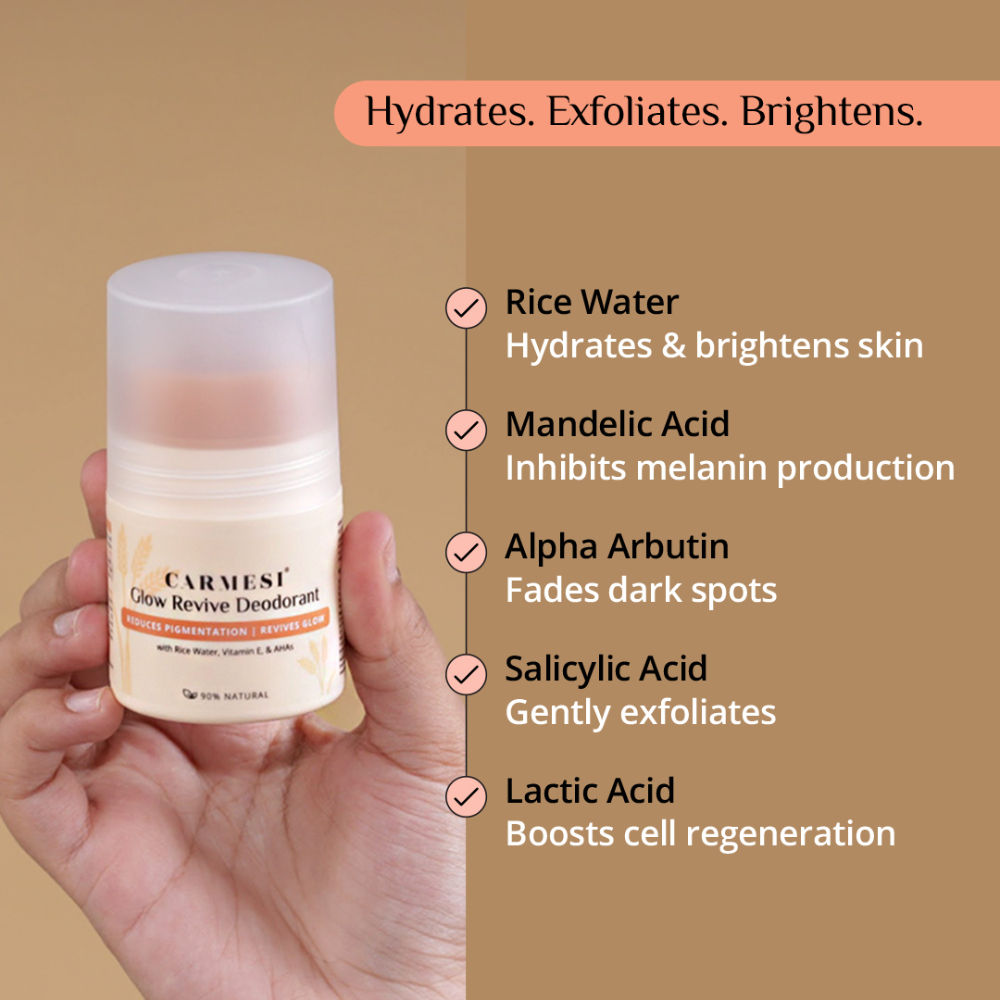 Carmesi Glow Revive Underarm Roll On, Rice Water, AHAs for Pigmentation & Odour Control
