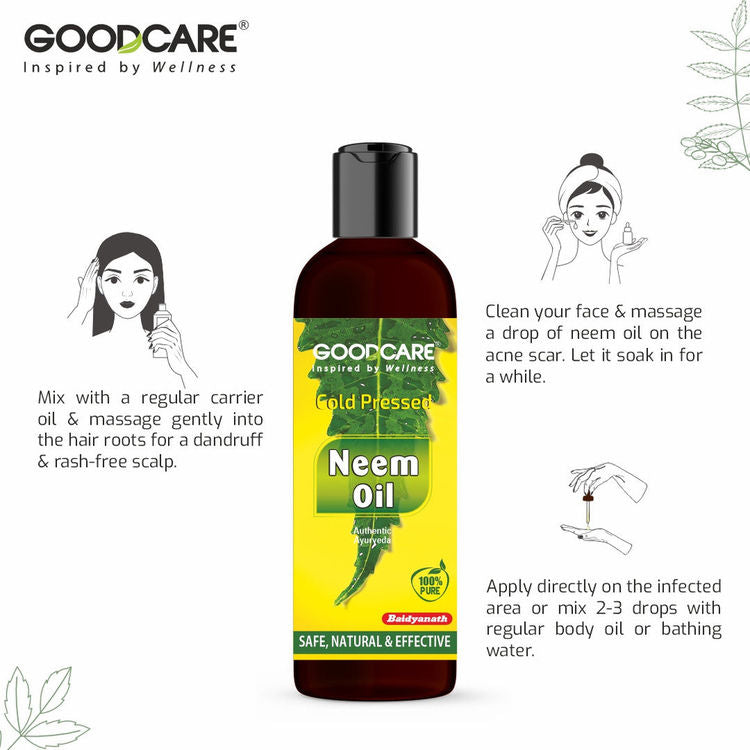 GOODCARE Ayurvedic Cold Pressed Neem Oil for dandruff, scalp acne and clear skin and hair care