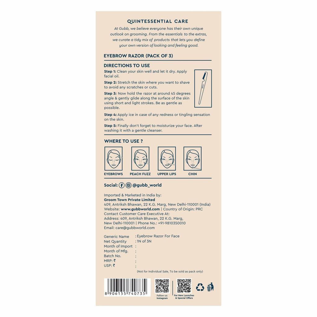 GUBB Face & Eyebrow Razor - Can Be Used On Upper Lips, Chin, Peach Fuzz, 3 pcs