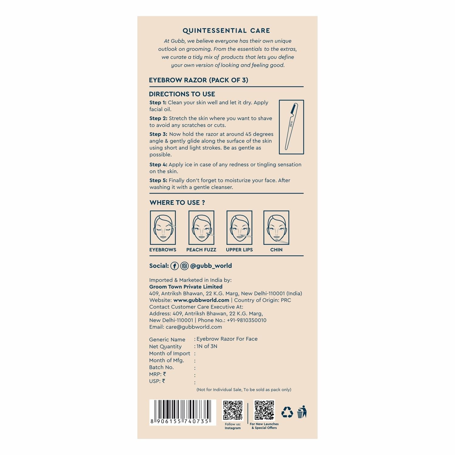 GUBB Face & Eyebrow Razor - Can Be Used On Upper Lips, Chin, Peach Fuzz, 3 pcs