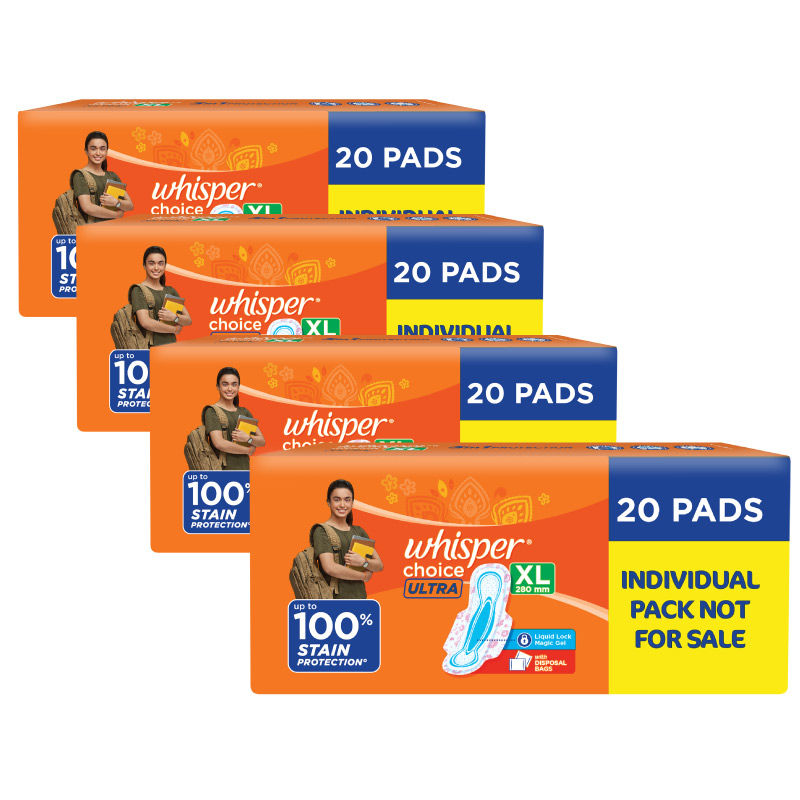 Whisper Choice Ultra XL Thin XL Sanitary Pads-upto 100% Stain protection with side safe Wings,80 Pad