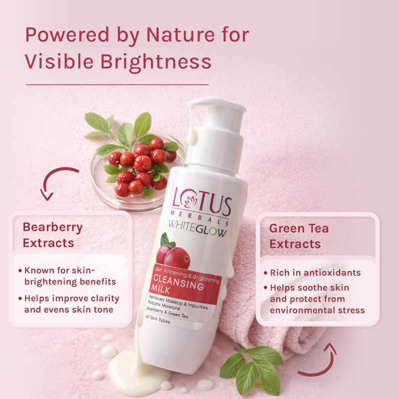 Lotus Herbals Whiteglow Skin Whitening & Brightening Cleansing Milk, Makeup Remover, All Skin Types
