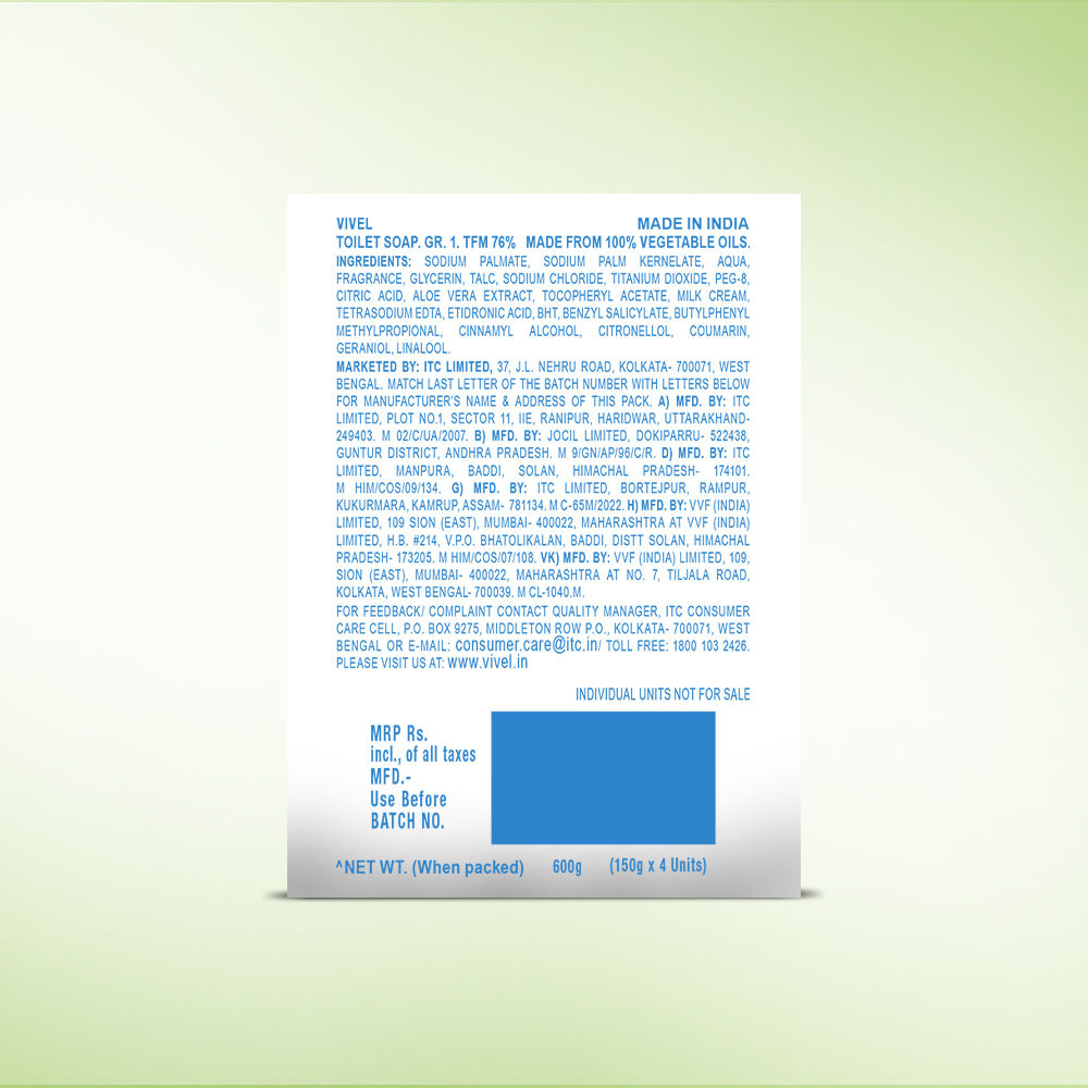 Vivel Aloe Vera Grade 1 Bathing Soap, Highest Soap Grade, 76% TFM, Vit E - 4 PCS