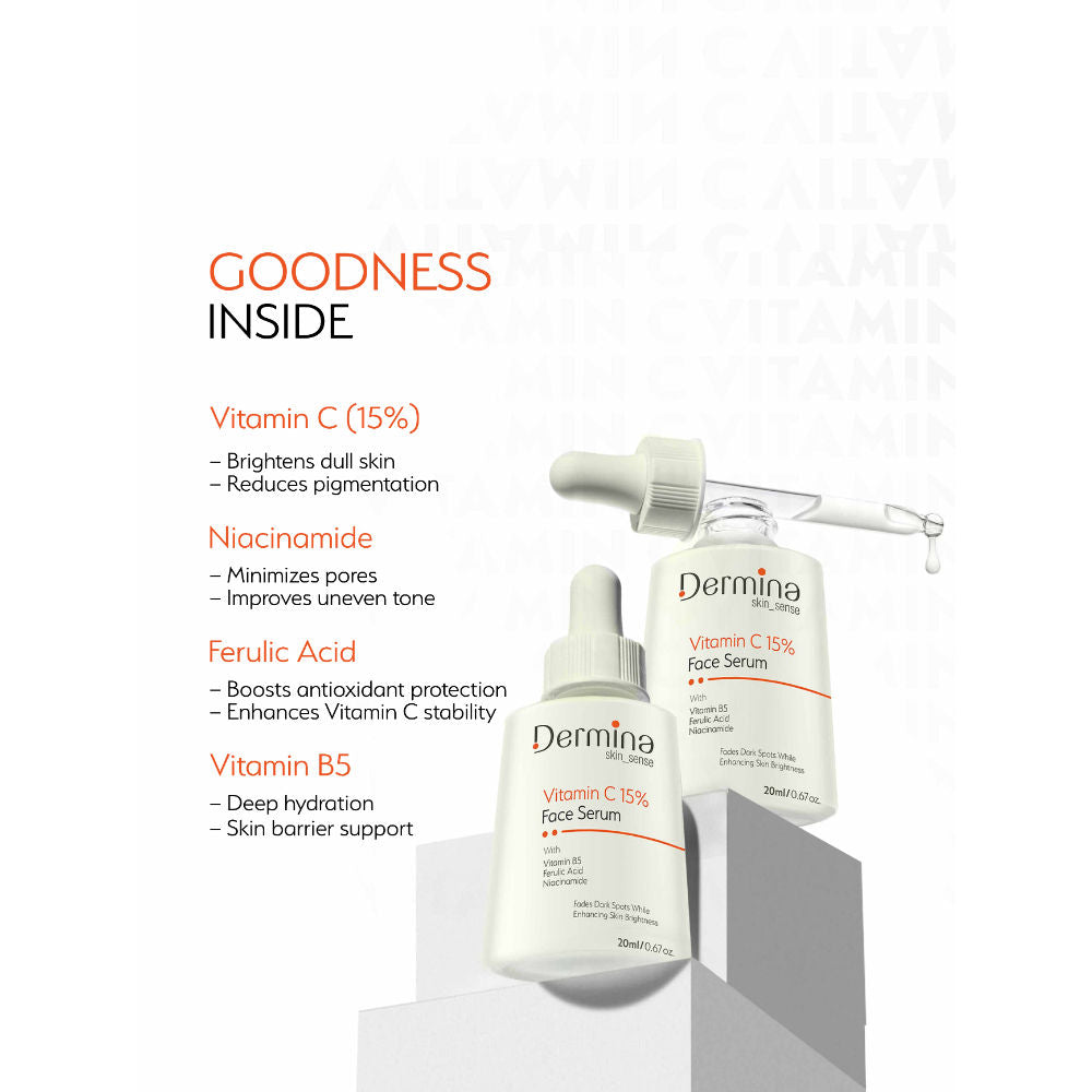 Dermina Vitamin C 15% Face Serum with Niacinamide, Vitamin B5 & Ferulic Acid