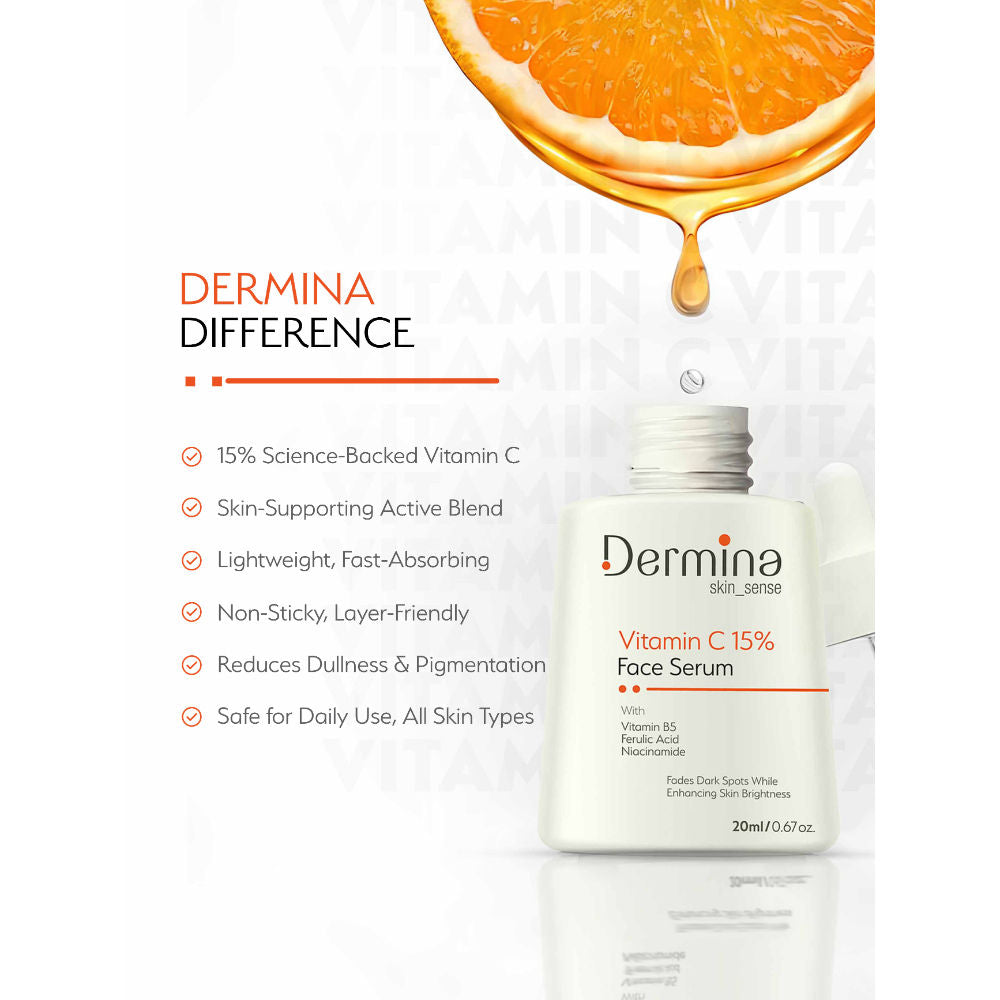Dermina Vitamin C 15% Face Serum with Niacinamide, Vitamin B5 & Ferulic Acid