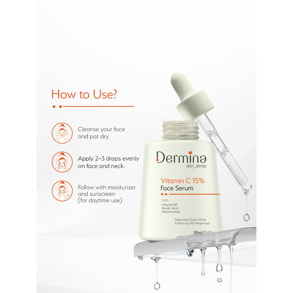 Dermina Vitamin C 15% Face Serum with Niacinamide, Vitamin B5 & Ferulic Acid