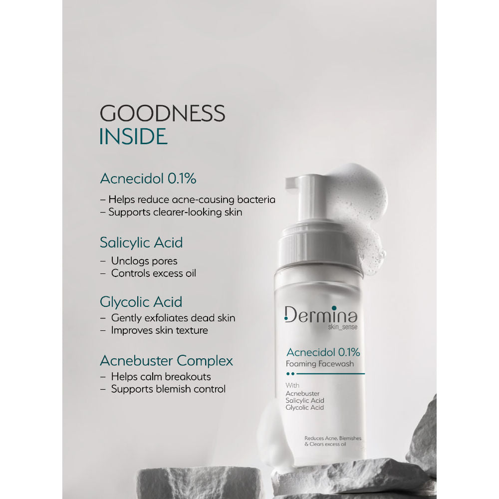 Dermina Acnecidol 0.1% Foaming Facewash with Salicylic & Glycolic Acid for Acne Care