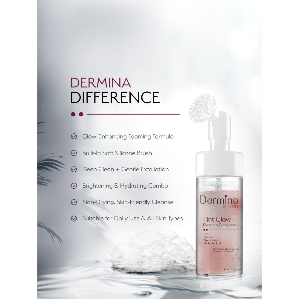 Dermina Tint Glow Foaming Facewash with Vitamin C, Niacinamide & HA for Radiant Skin