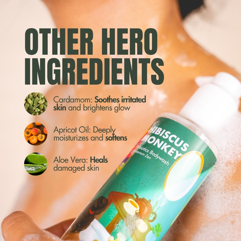 Hibiscus Monkey Probiotics Body Wash, 100% Plant Derived, Sensitive Skin Friendly, pH Balanced