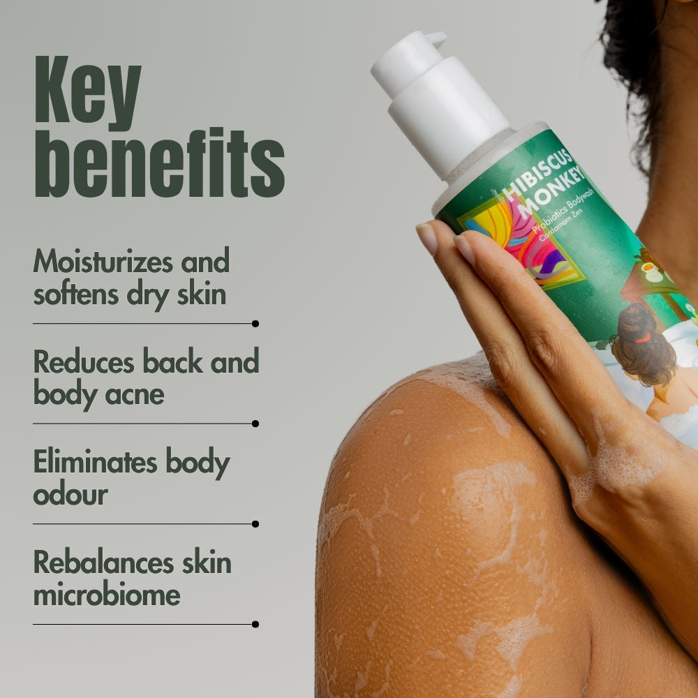 Hibiscus Monkey Probiotics Body Wash, 100% Plant Derived, Sensitive Skin Friendly, pH Balanced