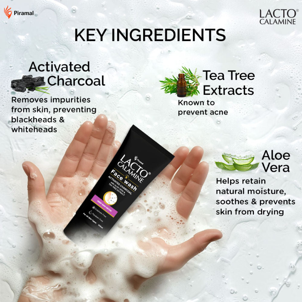 Lacto Calamine Activated Charcoal Face Wash with Aloe & Tea Tree Extract for Skin Detox