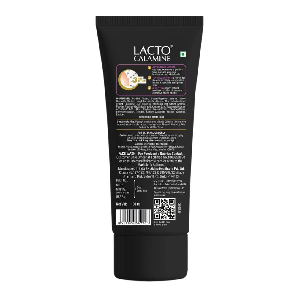 Lacto Calamine Activated Charcoal Face Wash with Aloe & Tea Tree Extract for Skin Detox