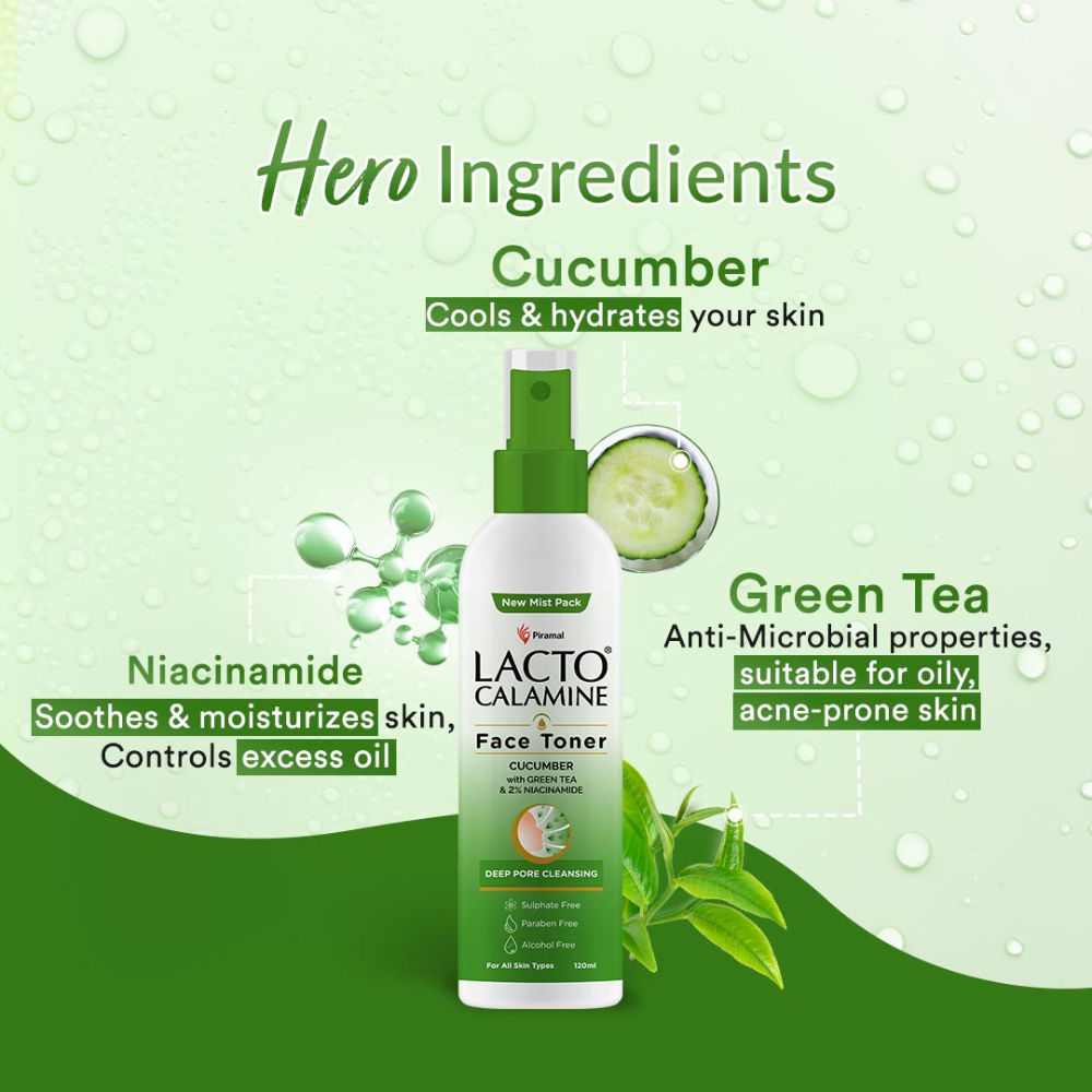 Lacto Calamine Cucumber Face Toner with Green Tea, 2% Niacinamide for Cool & Hydrated Skin