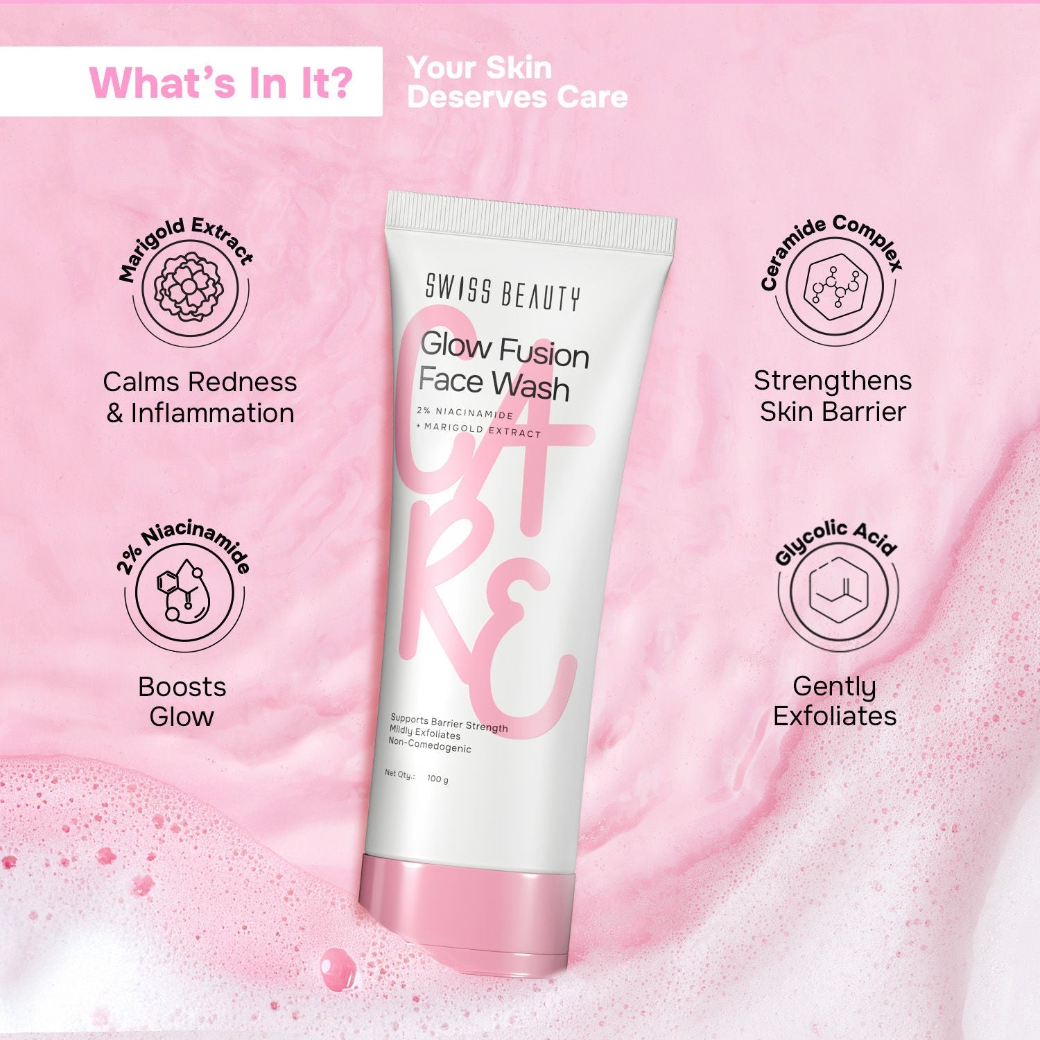 Swiss Beauty Care Glow Fusion Face Wash - 2% Niacinamide & Marigold Extract