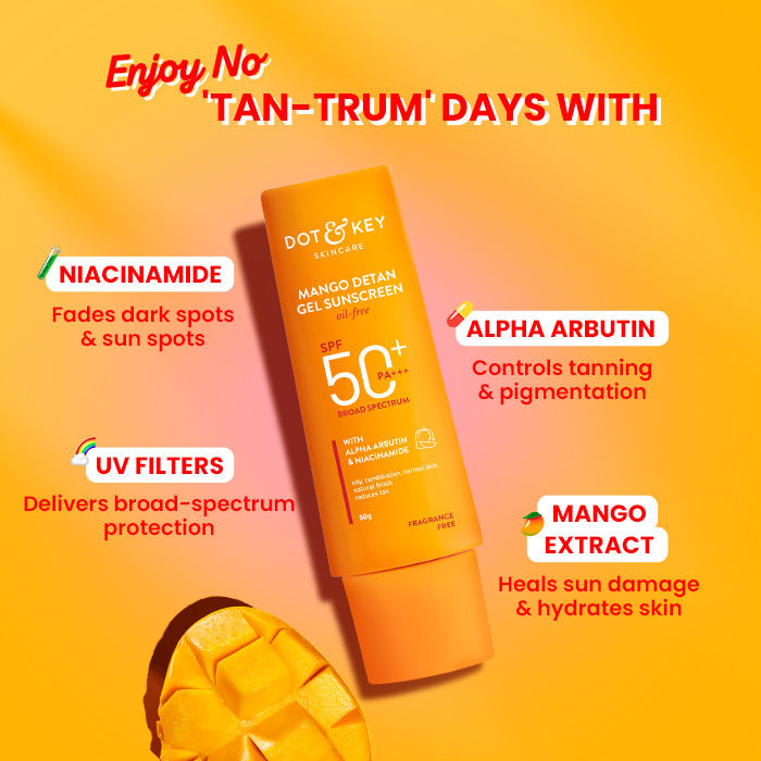 Dot & Key Mango Detan Gel Sunscreen In-Vivo Tested SPF 50+ PA++++, Oil-Free Formula