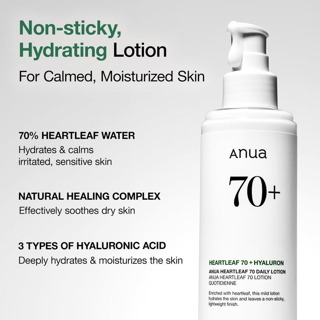 Anua Heartleaf 70 Daily Lotion Lightweight Moisturizer with Hyaluronic Acid for Dry, Acne-Prone Skin