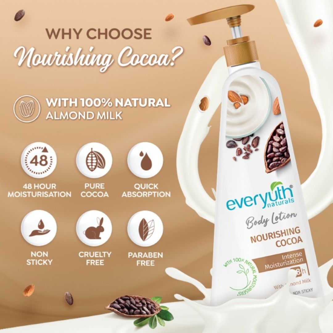 Everyuth Naturals Body Lotion - Nourishing Cocoa with 100% Natural Almond Milk, Non-Sticky