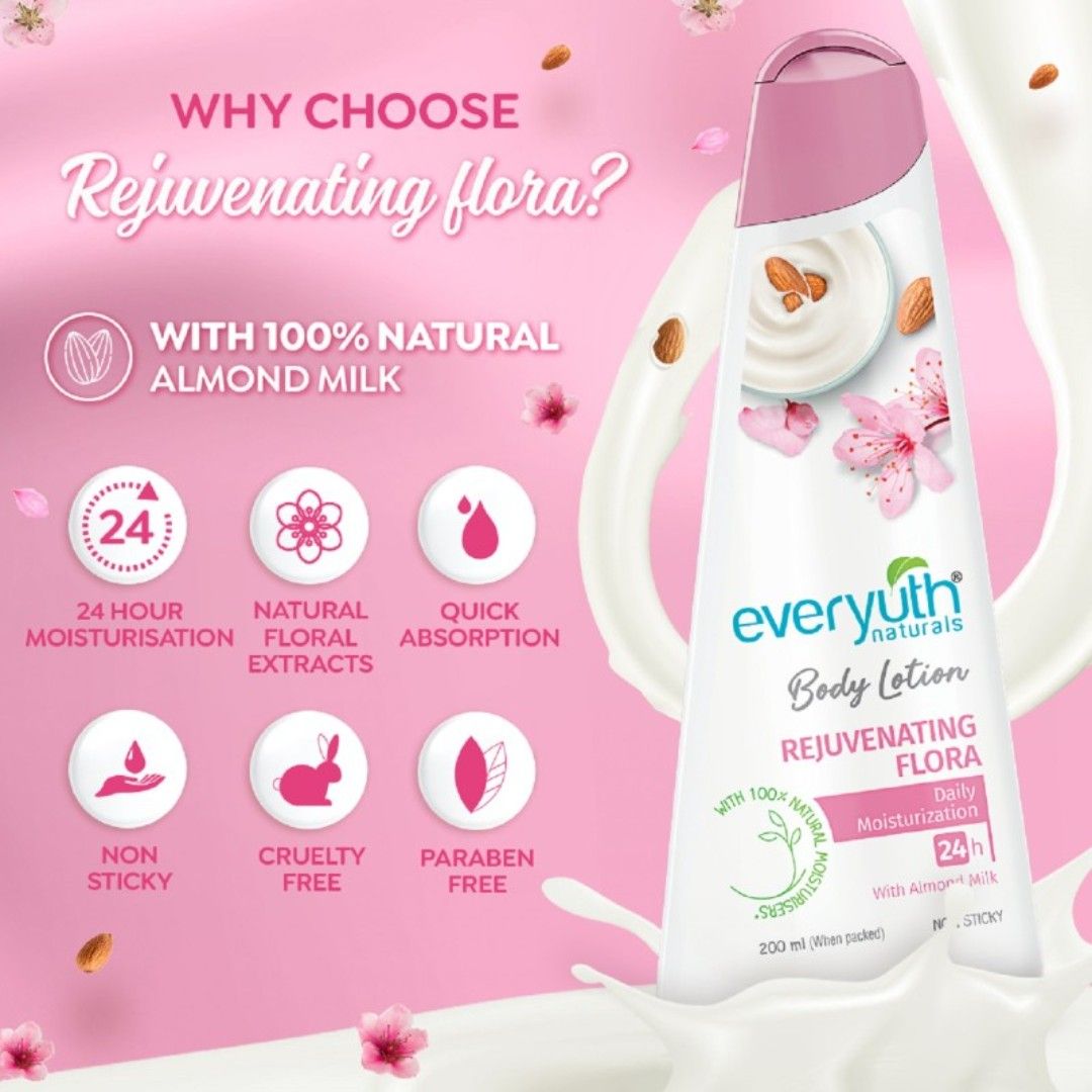 Everyuth Naturals Body Lotion - Rejuvenating Flora with 100% Nautral Almond Milk, Non Sticky, Daily