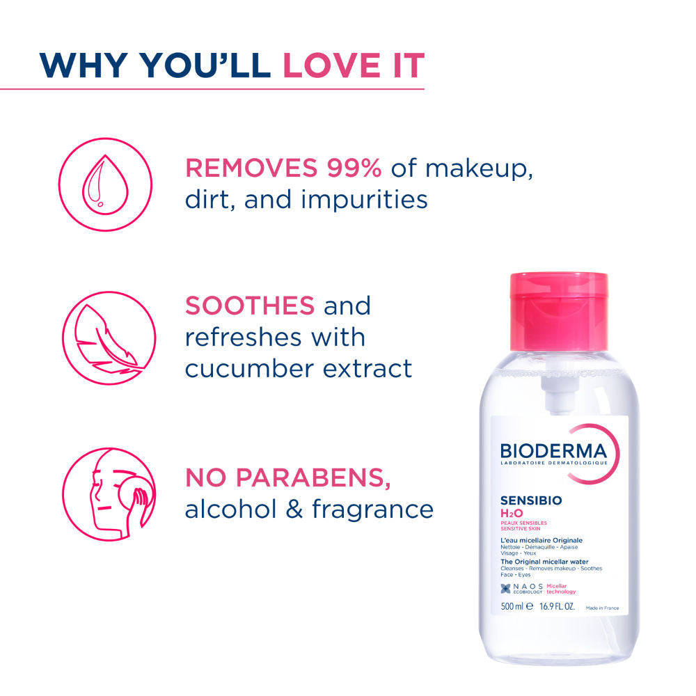 Bioderma Micellar Water Sensibio H2O With Cucumber Extract Removes Makeup - Pump