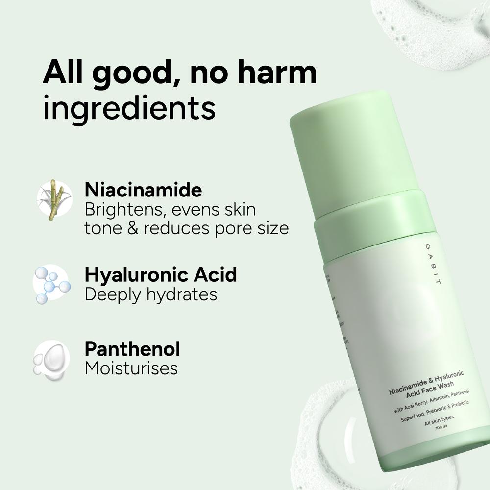 Gabit Niacinamide & Hyaluronic Acid Foaming Face Wash With Vitamin B5 For Glowing & Hydrated Skin