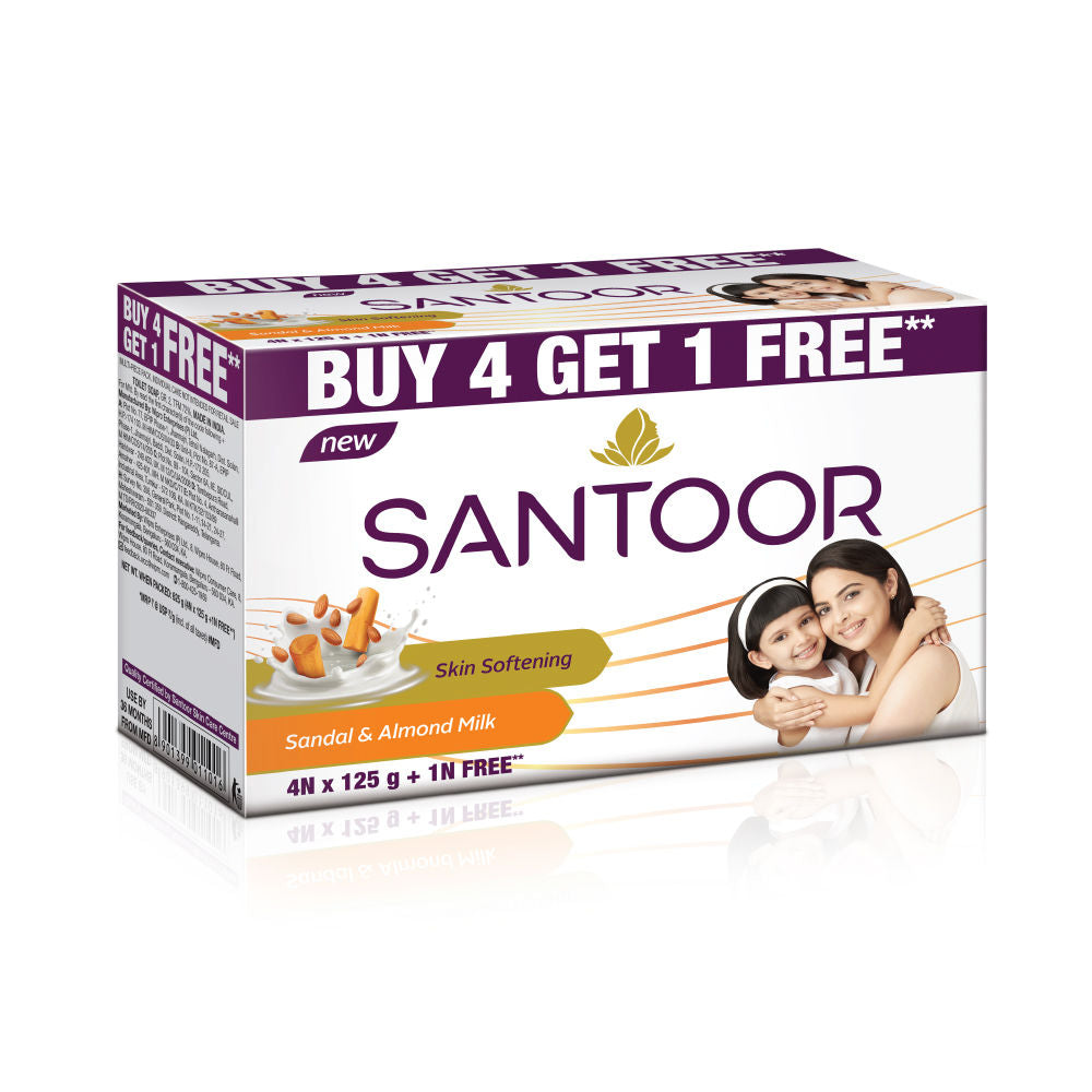 Santoor Sandal And Almond Milk Soap (Buy 4 Get 1 Free 125g Each)