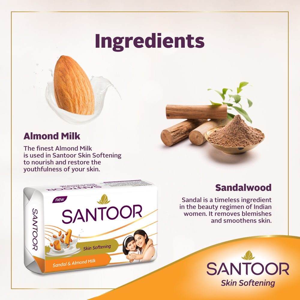 Santoor Sandal And Almond Milk Soap (Buy 4 Get 1 Free 125g Each)