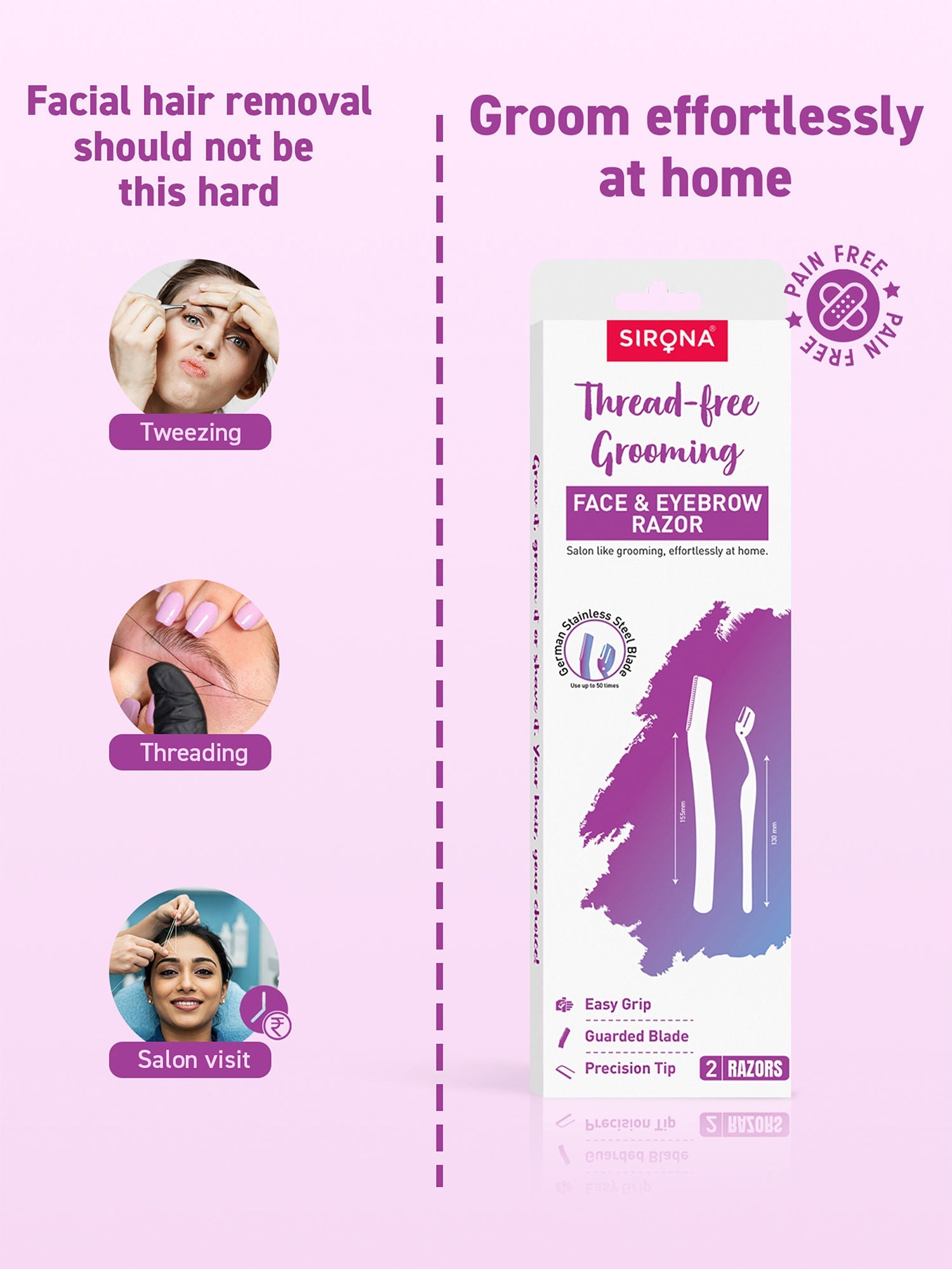 Sirona Reusable Facial Hair Removal Razor For Instant & Painfree, Salon-Smooth & Glowing Skin