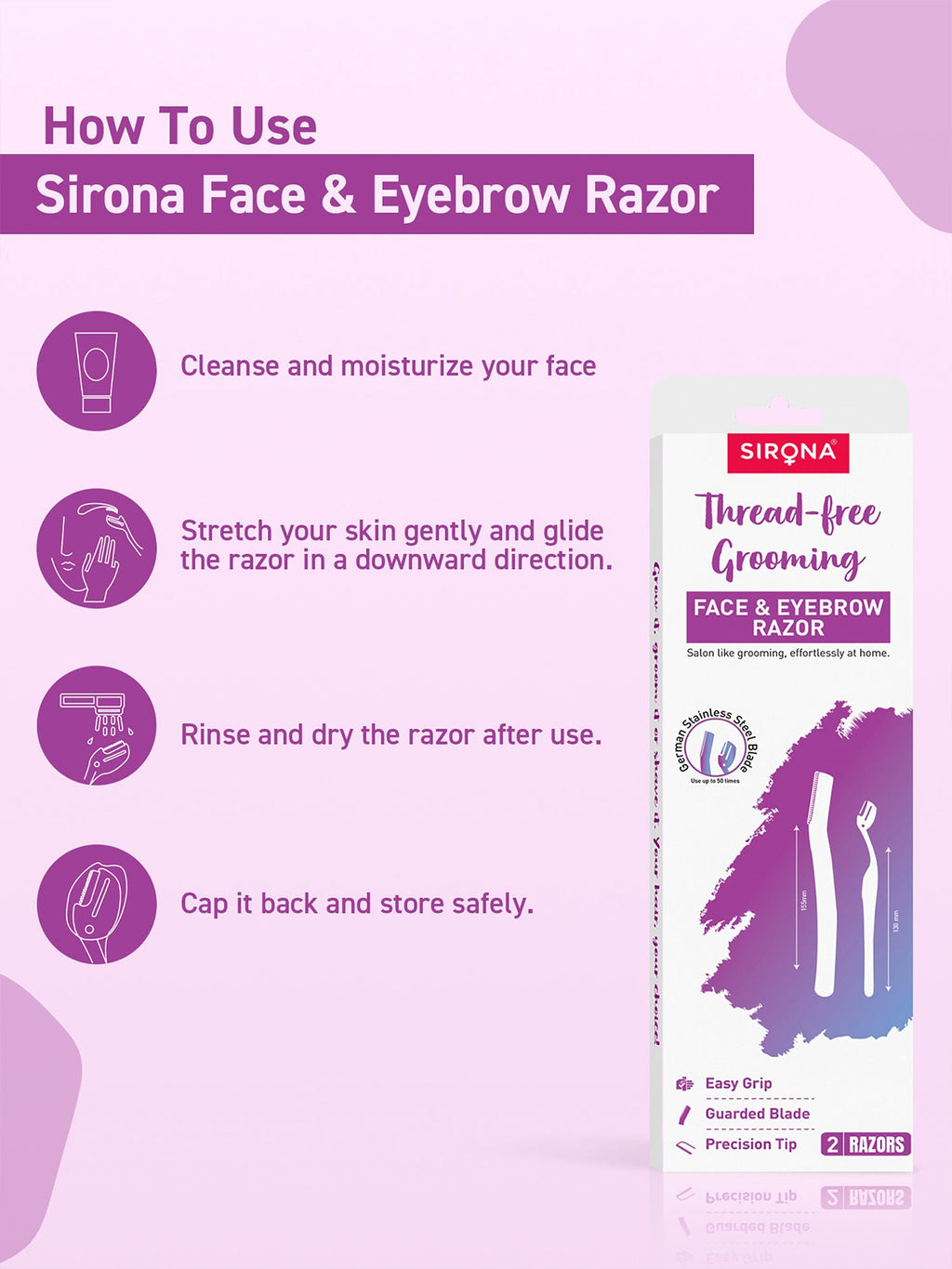 Sirona Reusable Facial Hair Removal Razor For Instant & Painfree, Salon-Smooth & Glowing Skin