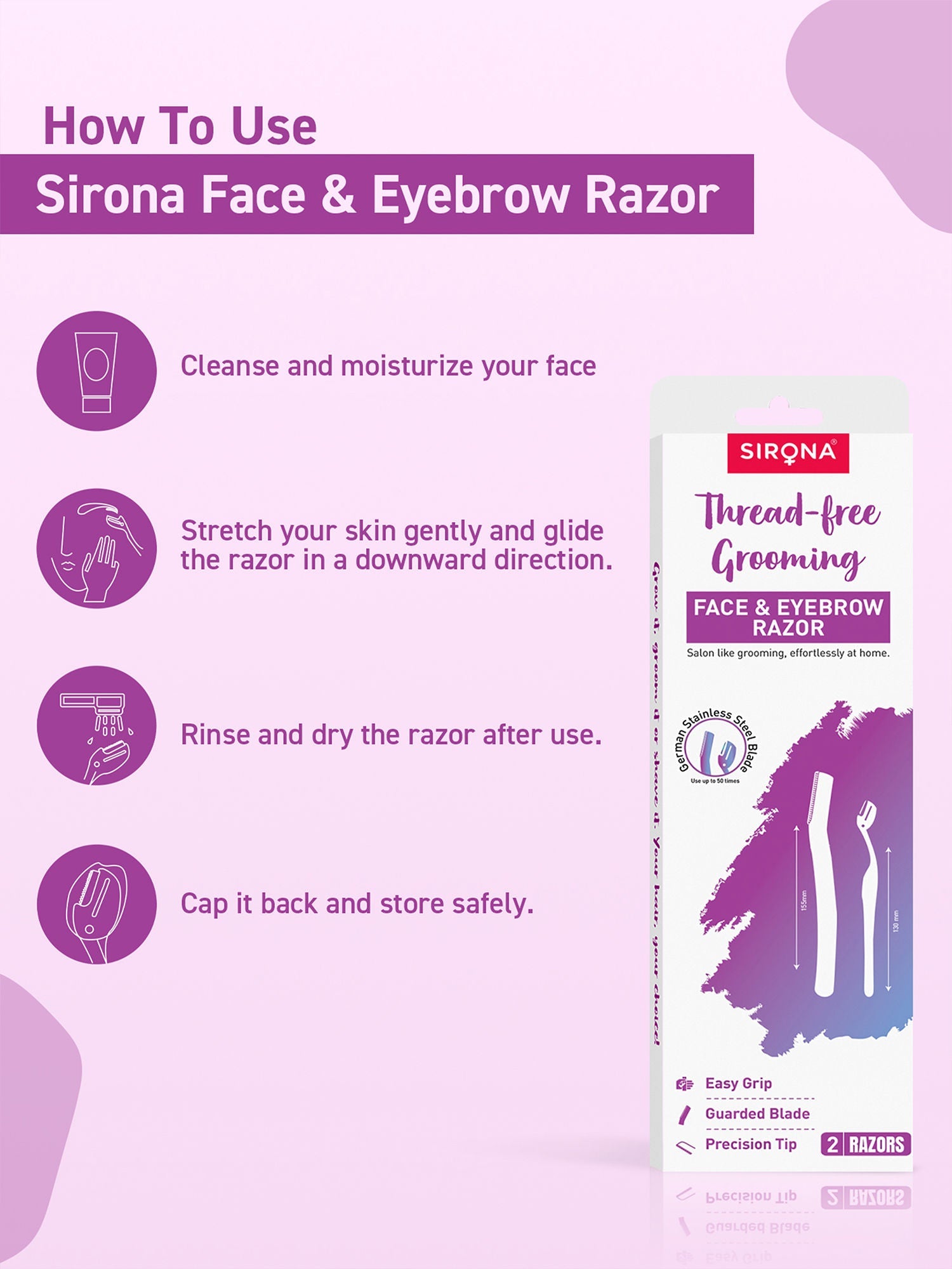 Sirona Reusable Facial Hair Removal Razor For Instant & Painfree, Salon-Smooth & Glowing Skin