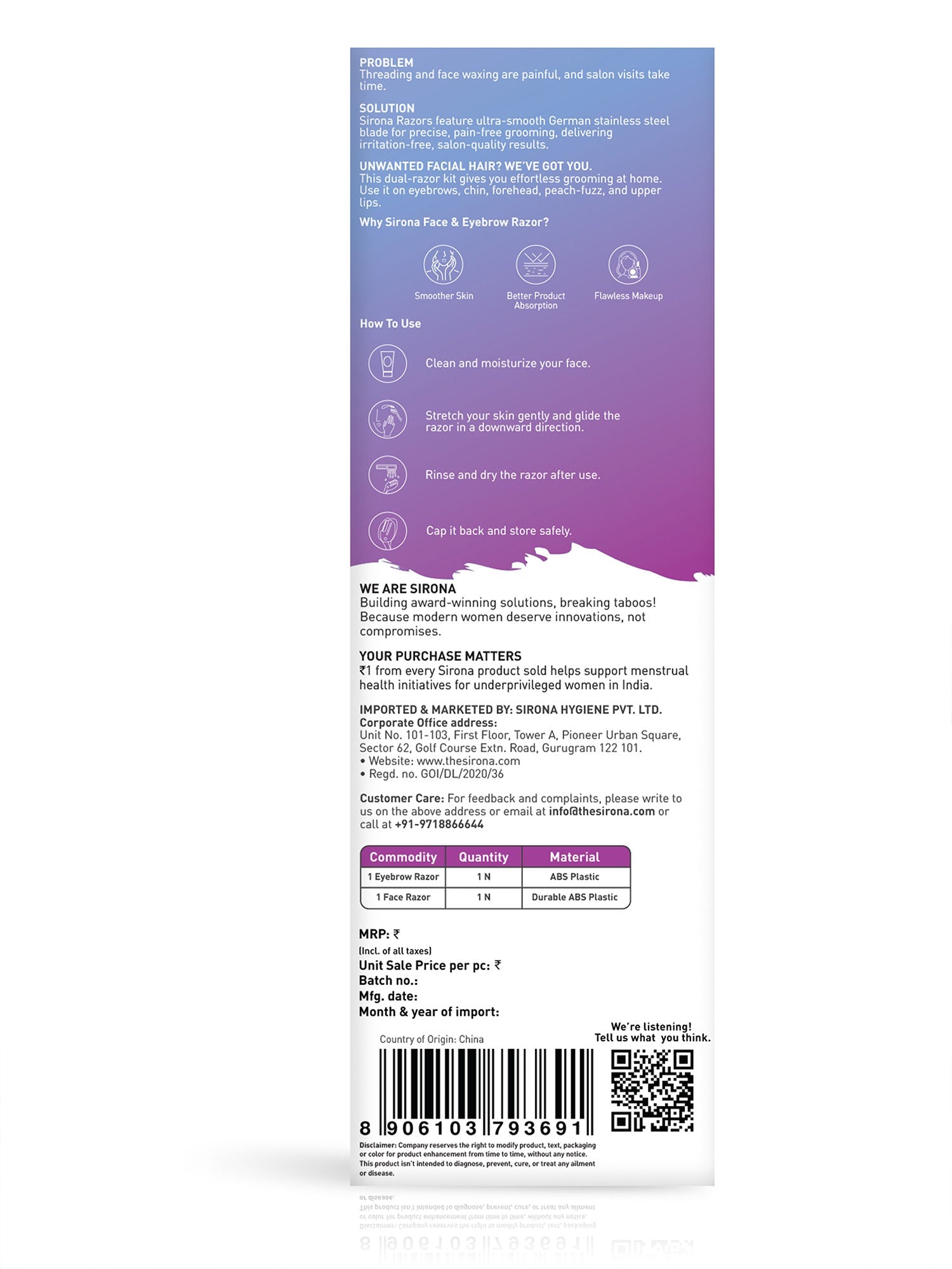 Sirona Reusable Facial Hair Removal Razor For Instant & Painfree, Salon-Smooth & Glowing Skin