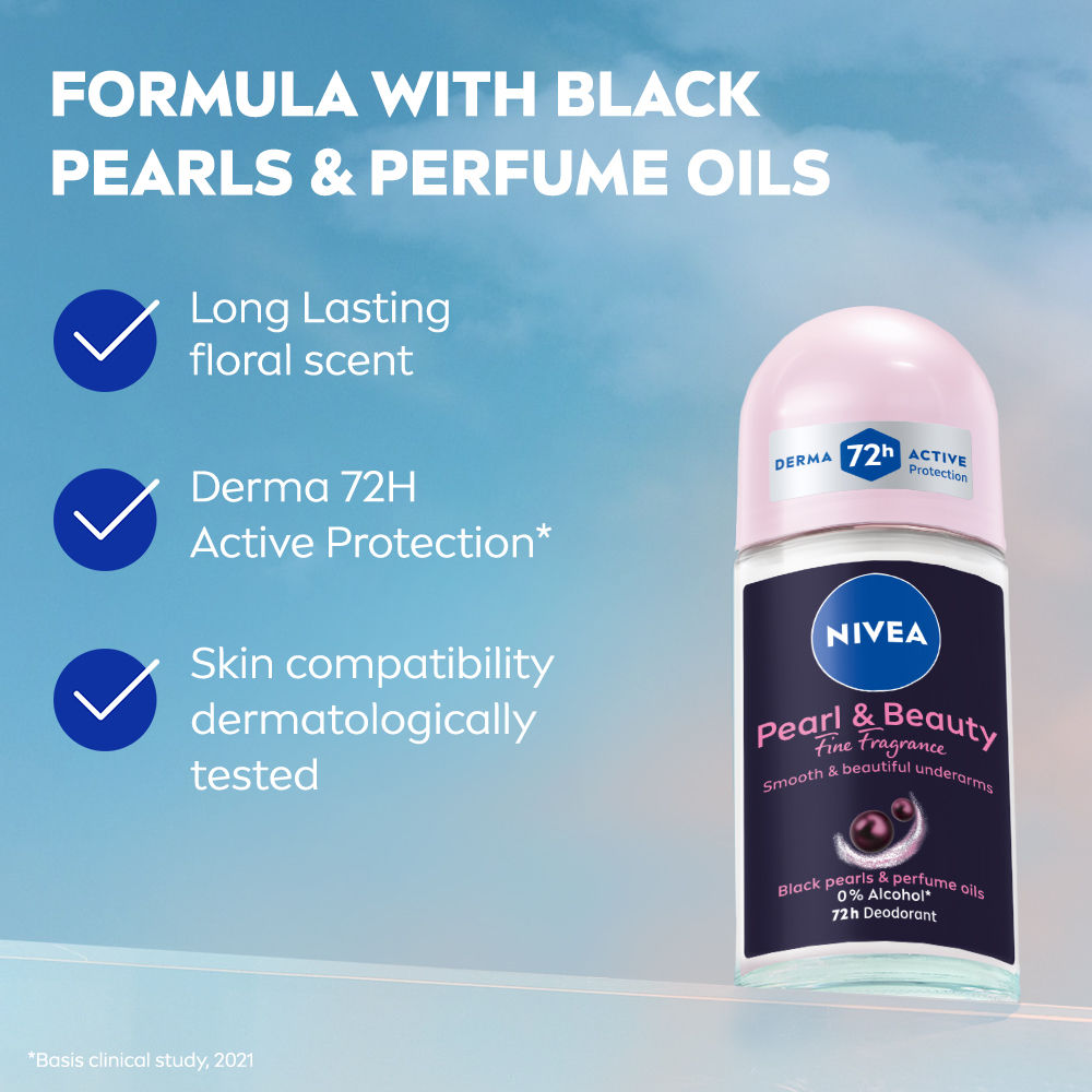 NIVEA Pearl & Beauty Fine Fragrance Deo Roll For Women, 72H Odor Protection, 0% Alcohol