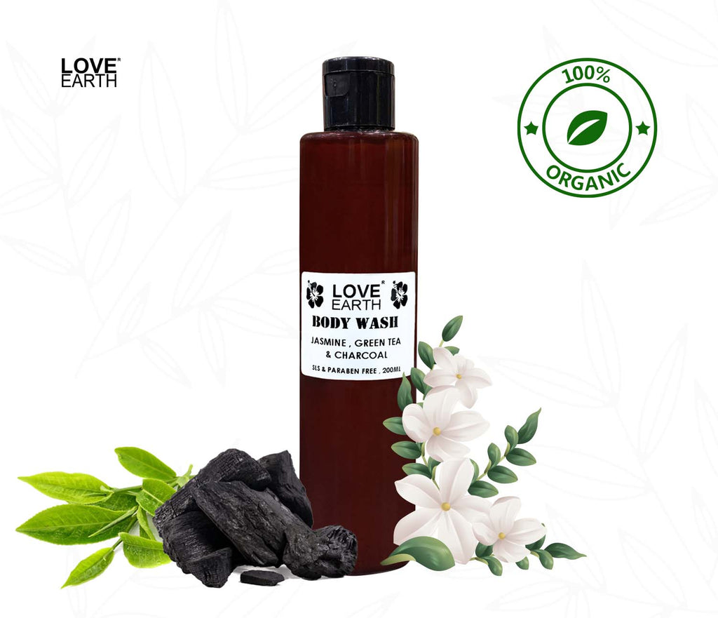 Love Earth Body Wash Jasmine Green Tea and Charcoal with Aloe Vera & Tea Tree for Acne & Pimples
