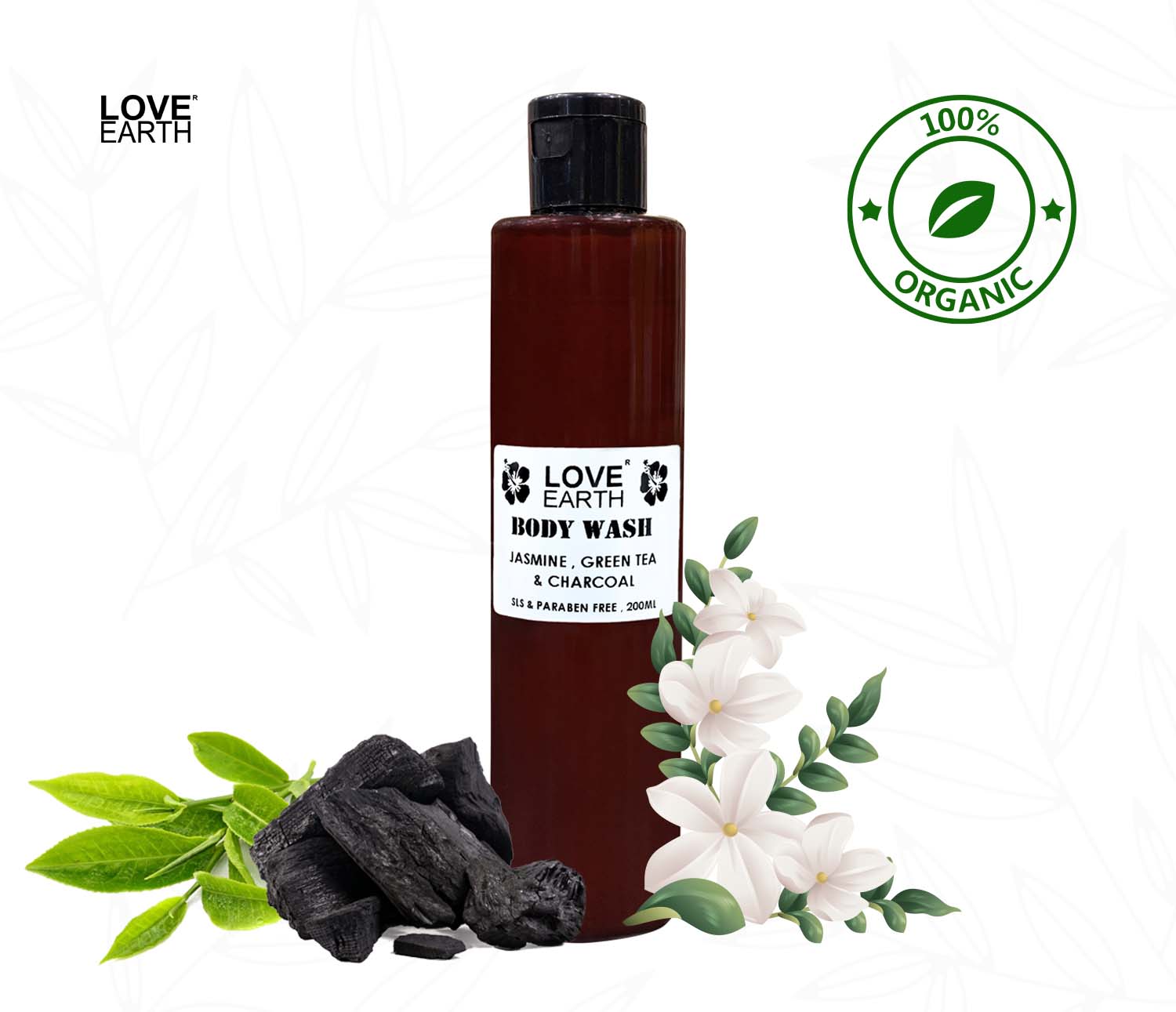 Love Earth Body Wash Jasmine Green Tea and Charcoal with Aloe Vera & Tea Tree for Acne & Pimples