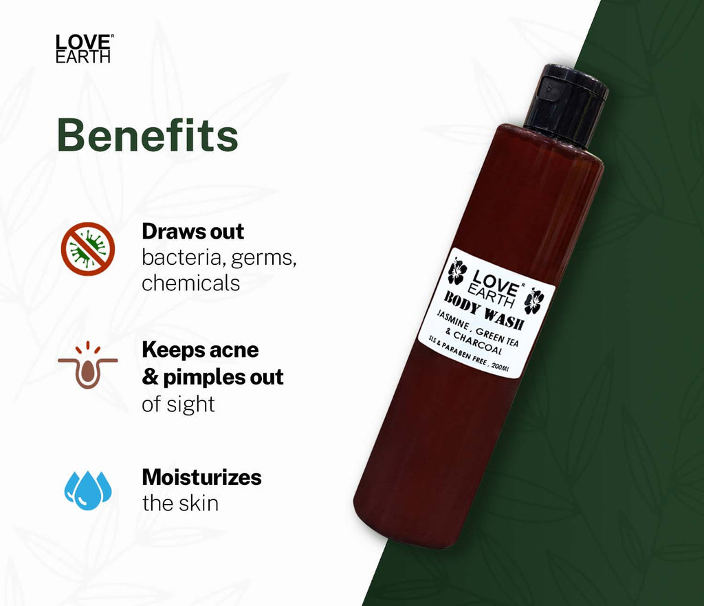 Love Earth Body Wash Jasmine Green Tea and Charcoal with Aloe Vera & Tea Tree for Acne & Pimples