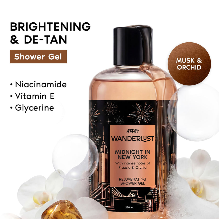 Wanderlust Midnight in New York Hydrating Body Wash Niacinamide Vit E Musk Orchid Caramel Lily