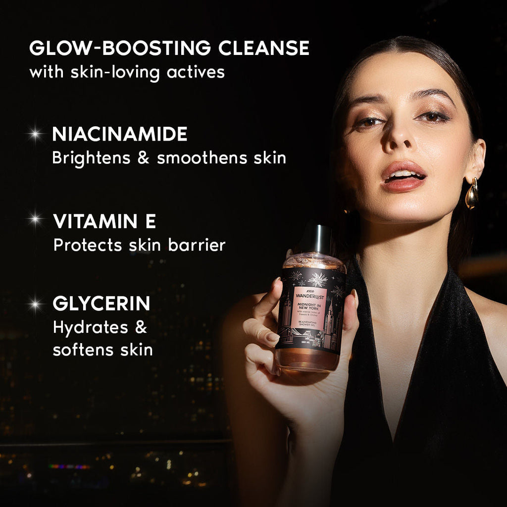 Wanderlust Midnight in New York Hydrating Body Wash Niacinamide Vit E Musk Orchid Caramel Lily