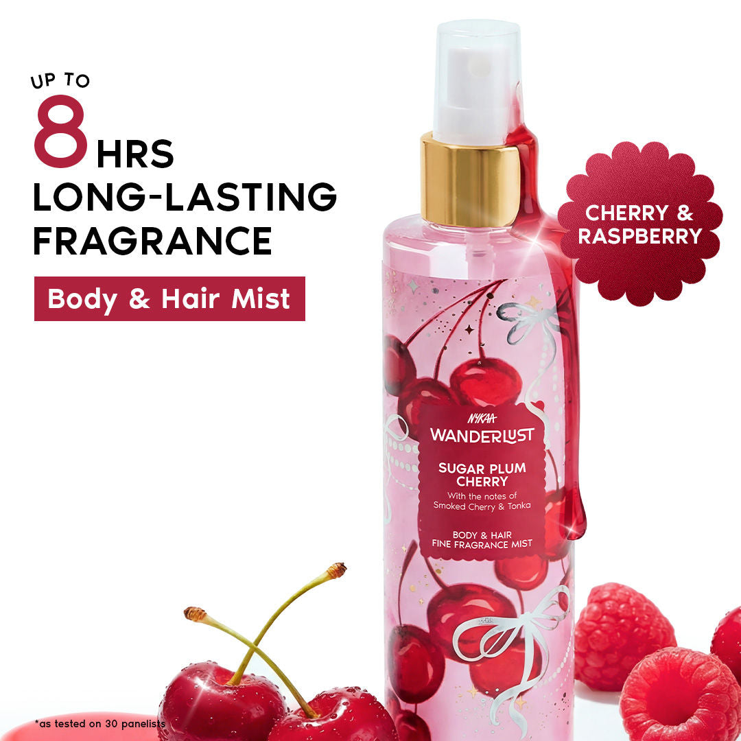 Wanderlust Sugar Plum Cherry Body & Hair Perfume Mist Long Lasting Fragrance (Raspberry, Rose)