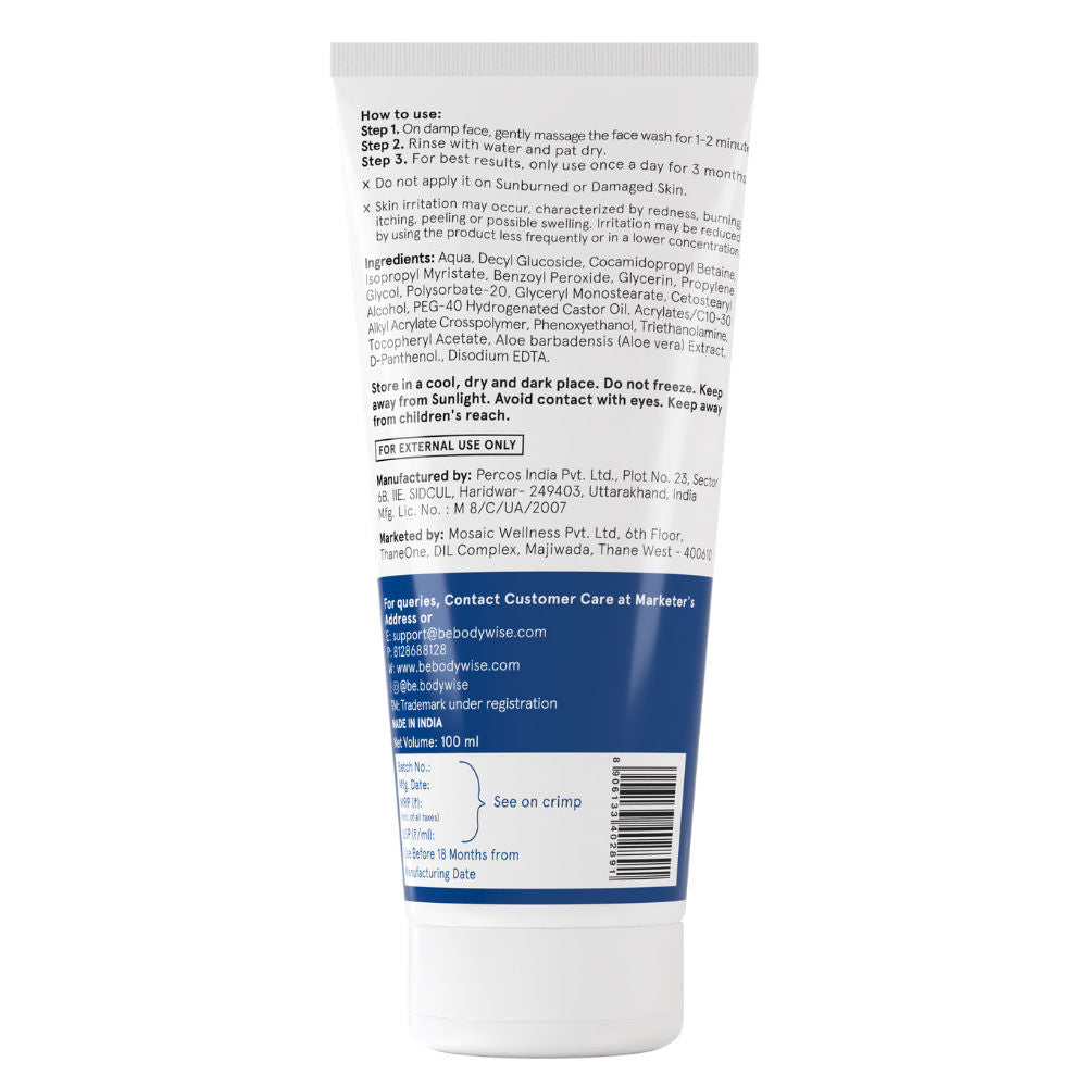 Be Bodywise 2.5% Benzoyl Peroxide Face Wash - For Preventing Acne & Deep Cleansing Pores