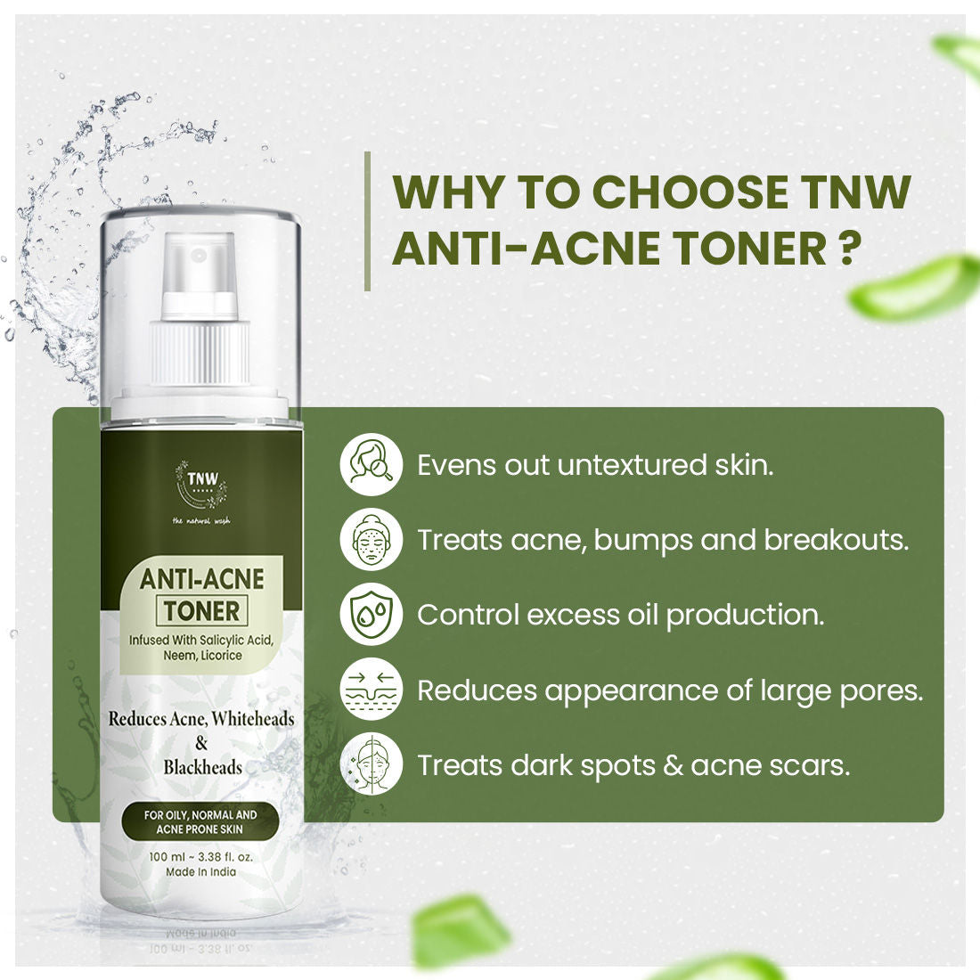 TNW The Natural Wash Anti Acne Toner with Salicylic acid, Controls sebum, Tightens pores