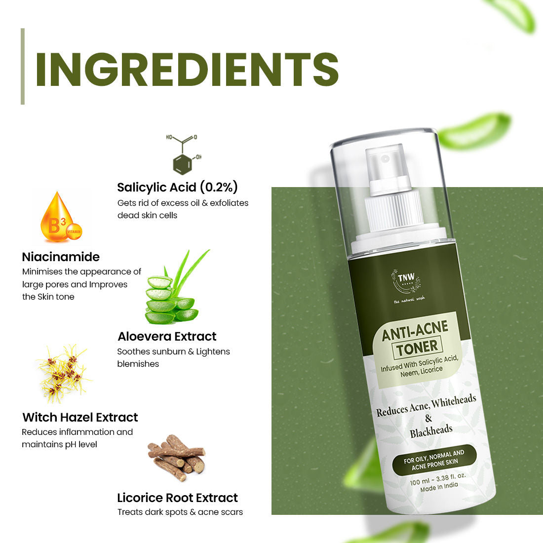 TNW The Natural Wash Anti Acne Toner with Salicylic acid, Controls sebum, Tightens pores
